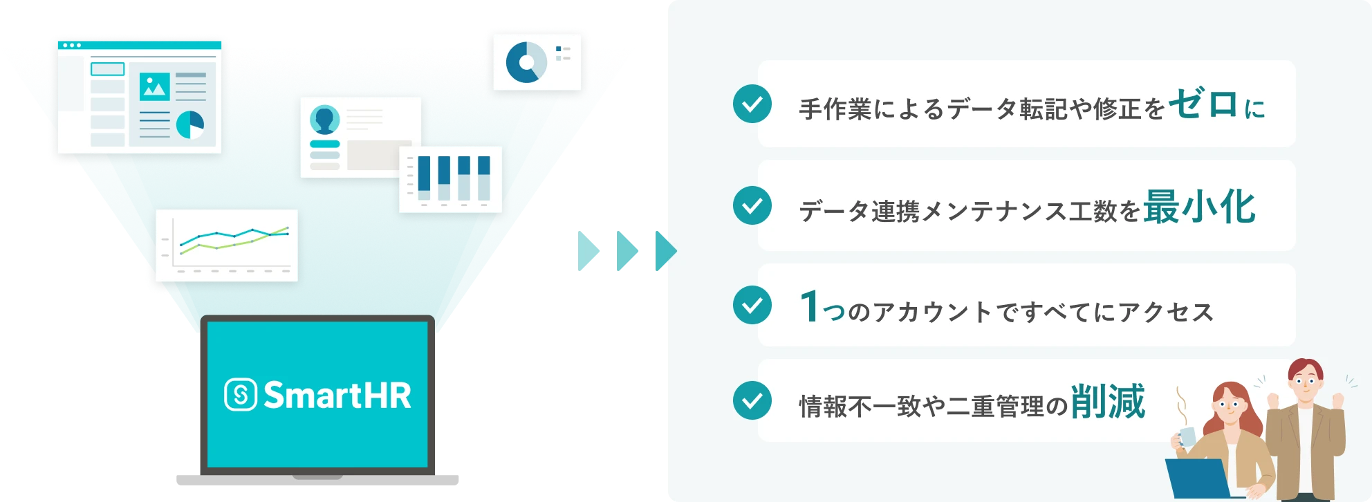 データが自然と蓄積されるメリット。手作業によるデータ転記や修正をゼロに。データ連携メンテナンス工数を最小化。1つのアカウントですべてにアクセスできる。情報不一致や二重管理の削減。