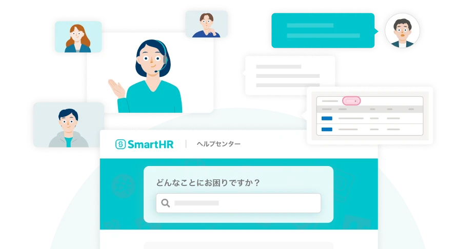 SmartHRヘルプセンター、チャットサポートなどのイメージ。