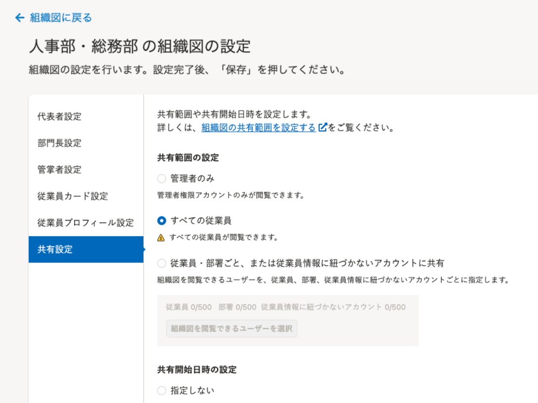 名簿の共有範囲は、すべての従業員はもちろん、従業員・部署ごと、従業員情報に紐づかないアカウント（メールアドレス）でも指定できる