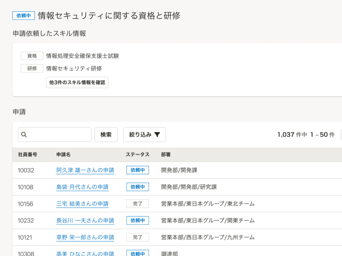 研修ごとに受講生のステータスをまとめて閲覧できる一覧画面