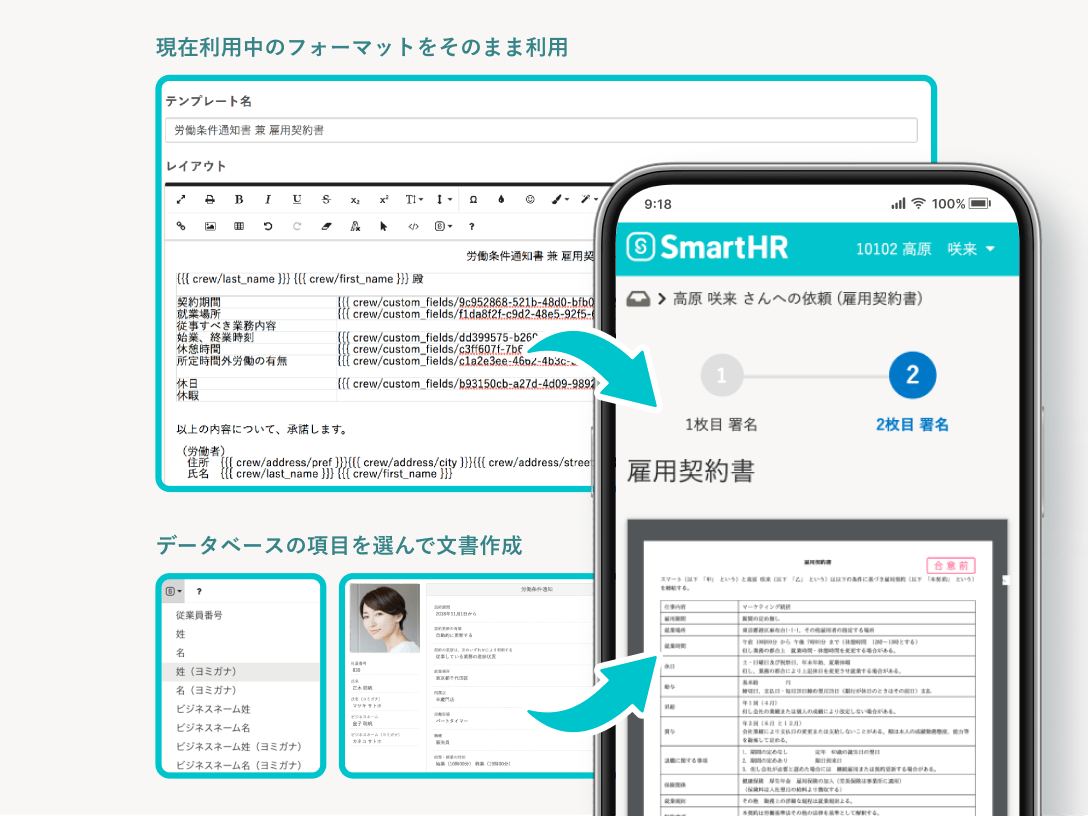 頻繁に使用する文書は、テンプレートを作成しておくと便利。従業員データを紐づければ、姓名や雇用形態などの情報を差し込んだ個別の文書を自動的に作成できる