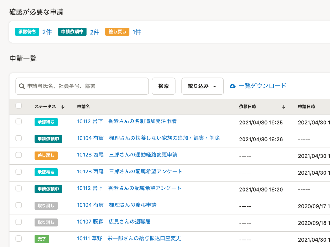 管理画面に対応状況のステータスが一覧で表示されるため、進捗管理もスムーズ