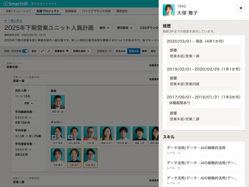 人員配置は、個々人の保有スキルや過去の人事評価、サーベイ情報などを参照しながら検討