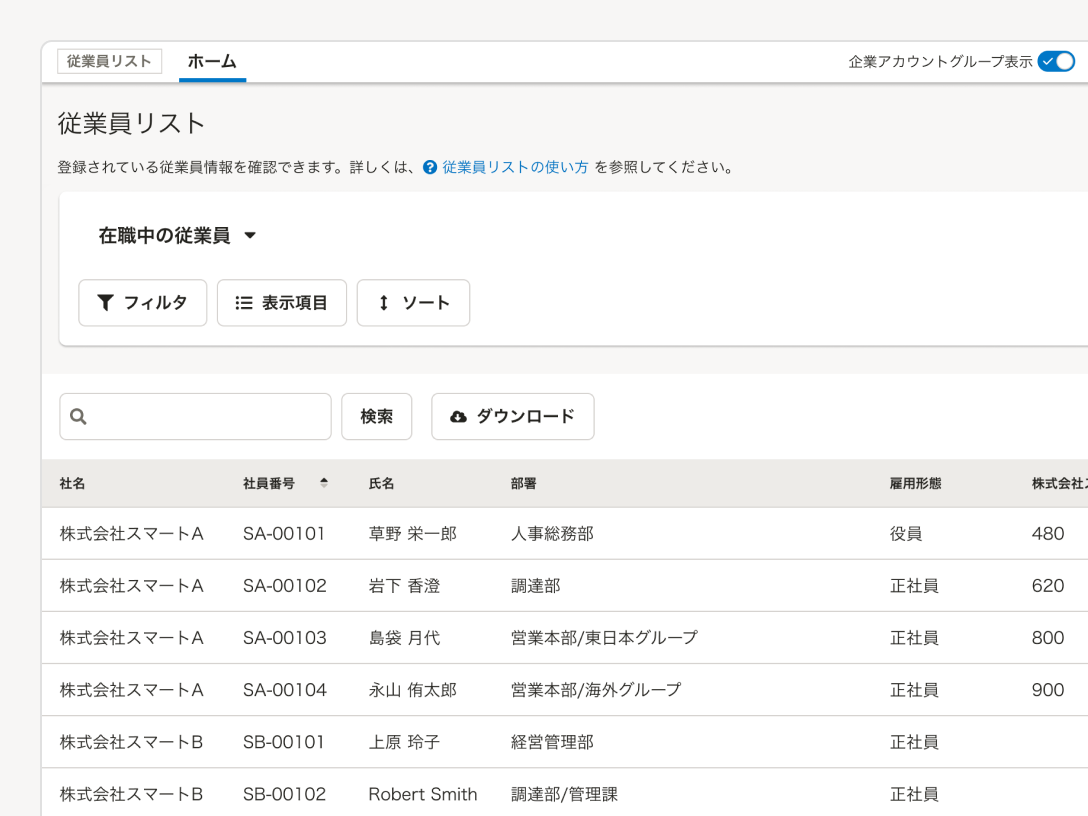 ​​グループ企業内の従業員を同じ従業員リストに表示可能。一覧には社名も表示できます