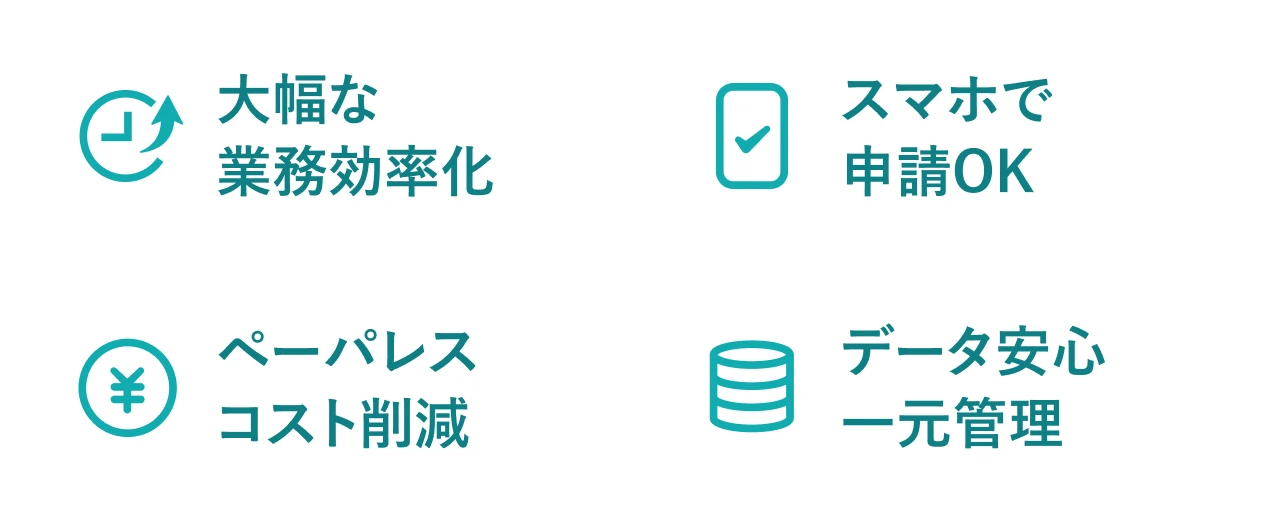 SmartHR労務管理の特長。大幅な業務効率化、スマホで申請OK、ペーパレス・コスト削減、データ安心・一元管理。