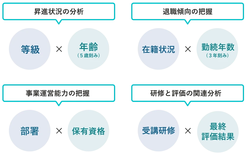 さまざまな分析軸の例。等級✕年齢(5歳刻み)で昇進状況の分析、在籍状況✕勤続年数(3年刻み)で退職傾向の把握、部署✕保有資格で事業運営能力の把握、受講研修✕最終評価結果で研修と評価の関連分析などができる。