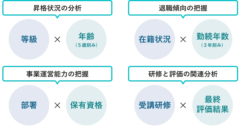 さまざまな分析軸の例。等級✕年齢（5歳刻み）で昇格状況の分析、在籍状況✕勤続年数（3年刻み）で退職傾向の把握、部署✕保有資格で事業運営能力の把握、受講研修✕最終評価結果で研修と評価の関連分析などが可能。