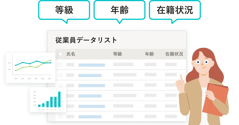 等級、年齢、在籍状況など、必要な情報に絞った従業員データリストを作成した様子。