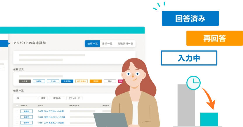 「回答済み」「再回答」「入力中」のステータスが可視化された画面と、業務効率化を示すグラフ。