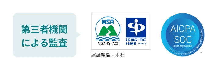 第三者機関による監査。ISMS、AICPAのロゴ。