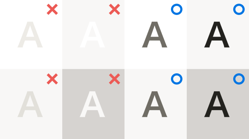文字の色のOKとNG例。NGは白い背景にグレーの文字色など。OKは白い背景に濃いグレーの文字など。